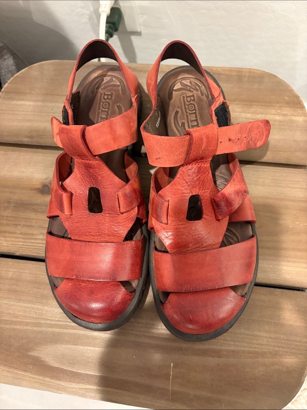Born womens Orange-Red Leather Hook & Loop Sandals